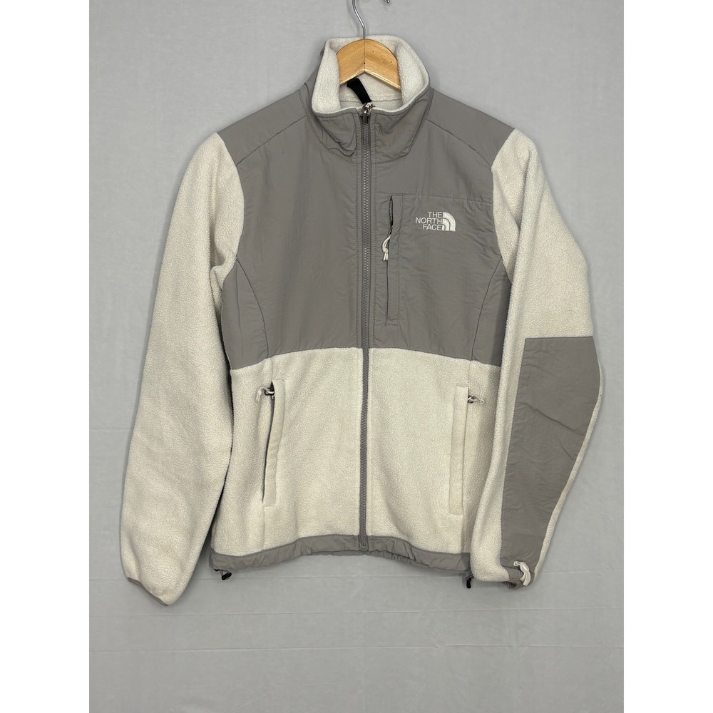 North Face Denali Fleece Jacket Womens Gray Ivory Logo Zipper Pockets XS CLEAN